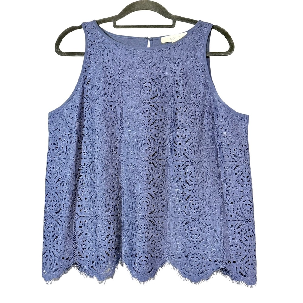 LOFT Womens Top Large Navy Blue Lace Sleeveless Medallion Scallop Feminine